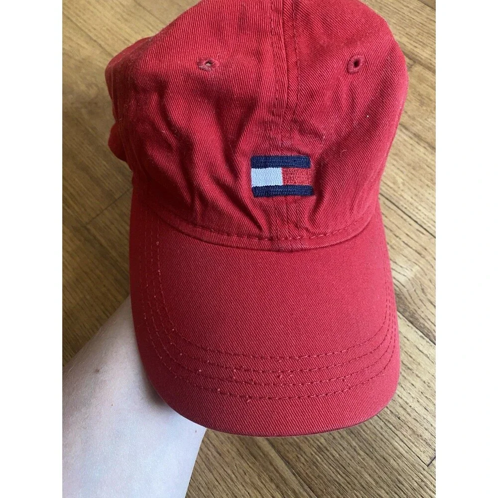 Tommy Hilfiger Red Cotton Logo Baseball Style Adjustable Strapback Hat Cap